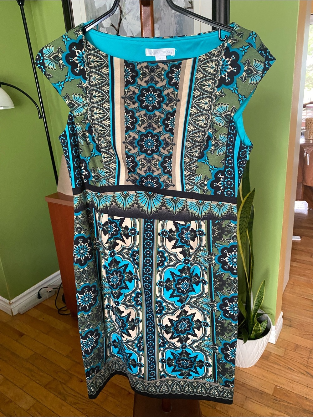 London Times Teal, Black & Cream Printed Midi Dress